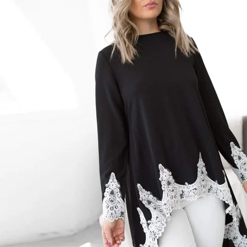 Vista 6 de haoricu Vestido largo de manga larga para mujer holgado irregular y con cuello redondo sin botones de encaje