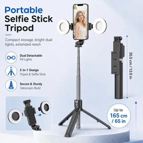 Vista 4 de Trípode negro para iPhone con luz, soporte de luz de anillo para iPhone, soporte ajustable para selfie stick con luz de relleno, trípode extensible