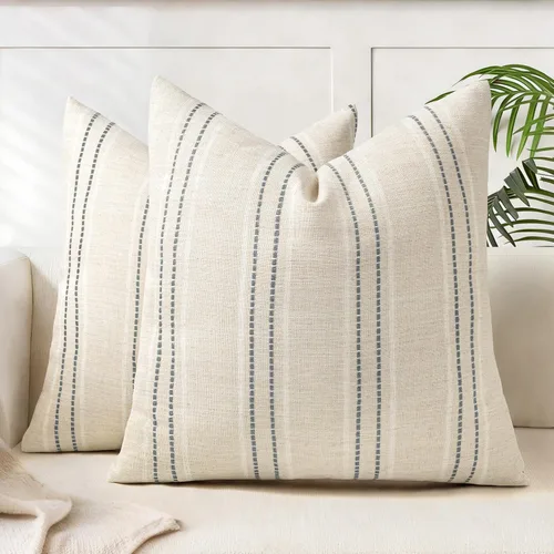 Vista 14 de AELS Fundas de Almohada Decorativas de Lino Estilo Granja de 16x16, Funda de Almohada con Textura Boho, Juego de 2, Beige con Rayas de Hilo Teñido
