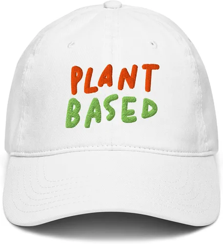 Vista 2 de Ripple Junction Gorra de béisbol ajustable con letras naranjas y verdes a base de plantas, Blanco