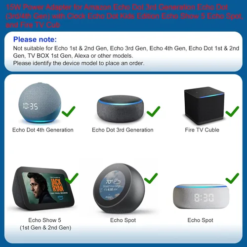 Vista 2 de Adaptador de corriente de 15 W compatible con Amazon Echo Dot de 3ª generación Echo Dot (3ª/4ª generación) con reloj Echo Dot Kids Edition Echo Show