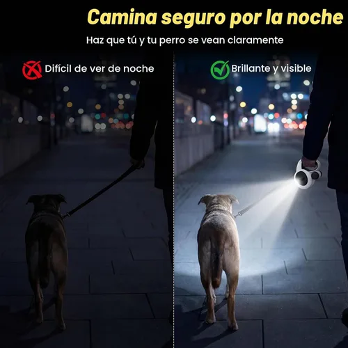 Vista 2 de Correa retráctil para perro con luz LED recargable por USB, correa resistente de 16 pies con soporte para bolsa de excrementos y cable a prueba