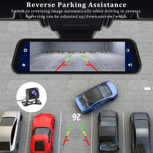 Vista 6 de Cámara de espejo retrovisor con Carplay y Android Auto, 9.66 pulgadas 1080P espejo Dash Cam frontal y trasera con control de voz