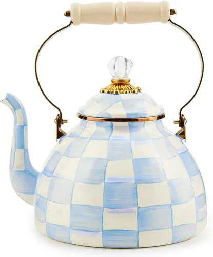 Vista 11 de MACKENZIE-CHILDS Tetera esmaltada, elegante tetera para estufa, cuadros cortesanos en blanco y negro, 3 cuartos de galón color fantasía