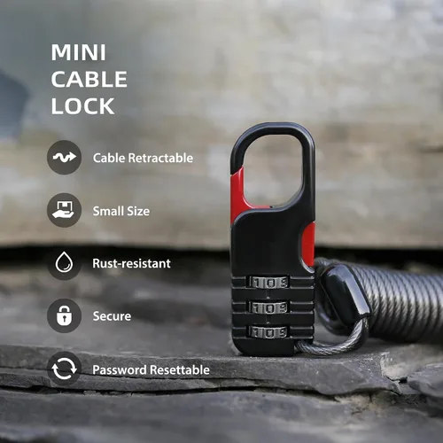 Vista 3 de Candado de esquí de combinación pequeña con cable retráctil (cable de 3 pies/91cm), cerraduras de cable delgadas con combinación para equipaje