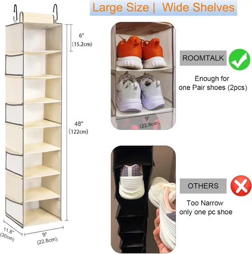 Vista 3 de Organizador de zapatos colgante de gran tamaño con 8 estantes, organizador colgante de armario con 8 bolsillos laterales, estantes colgantes más