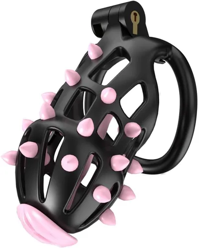 Vista 10 de Jaulas de castidad masculina para hombres, jaula pequeña para pene con puntos de masaje de silicona, ligera impresa en 3D, anillos de 5 tamaños