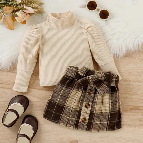 Vista 7 de Fernvia Conjunto de falda de otoño e invierno para niña pequeña, camiseta de manga larga acanalada con cuello alto y falda a cuadros, vestido de 2