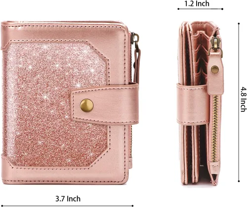 Vista 6 de Simikol Cartera pequeña para mujer, billetera plegable con bloqueo RFID, tarjetero con bolsillo con cremallera, Escarcha Oro rosa, Vintage