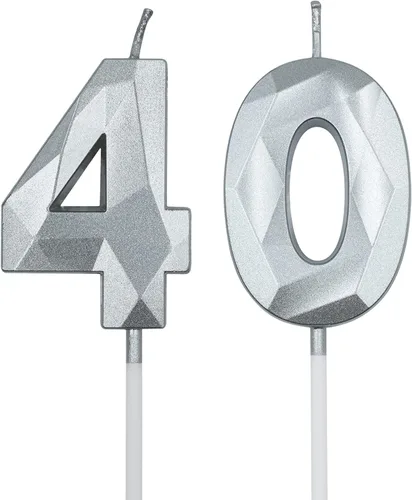 Vista 8 de Velas de 40 cumpleaños para pastel, vela azul número 40 en forma de diamante 3D, decoración de cumpleaños, suministros de fiesta para mujeres u