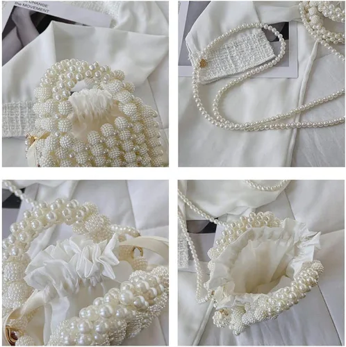 Vista 8 de Bolso de noche para mujer, lindo bolso de hobo bolso cruzado para mujer, bolso de perlas de diamantes de imitación, bolso tejido para fiesta, boda