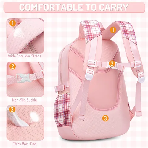 Vista 5 de Mochila infantil para niñas - Mochila para niñas para estudiantes de secundaria, Conjunto de mochila rosa