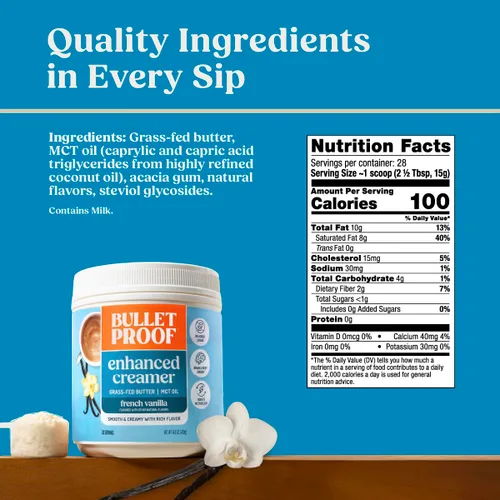 Vista 2 de Crema de Café Bulletproof Vainilla Francesa, 14.8 Onzas, Crema de Café Keto con Aceite MCT y Mantequilla Alimentada con Hierba Apoya la función