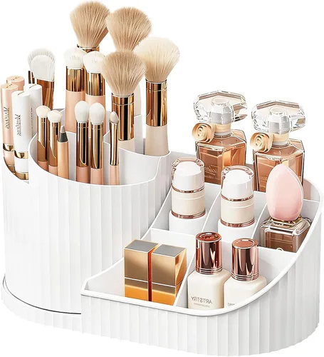 Vista 12 de Anyoifax Organizador giratorio de 360 brochas de maquillaje con 5 ranuras para brochas de maquillaje, taza en forma de flor, soporte para bolígrafo