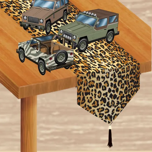 Vista 5 de Beistle Camino de mesa de papel con estampado de leopardo, decoración de mesa con temática de safari y selva con detalles de borlas, tema