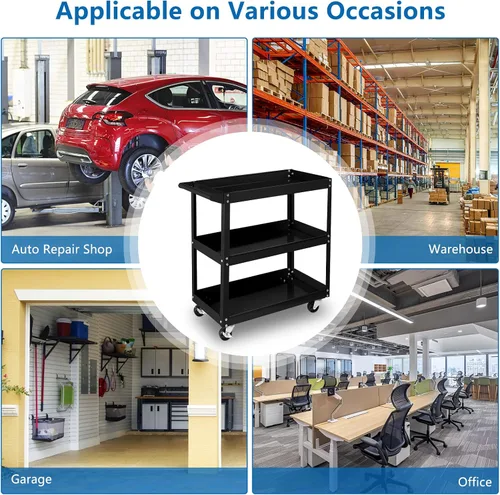 Vista 5 de TUFFIOM Carrito de herramientas rodante de 3 niveles, capacidad de 330 libras, con mango ergonómico, negro