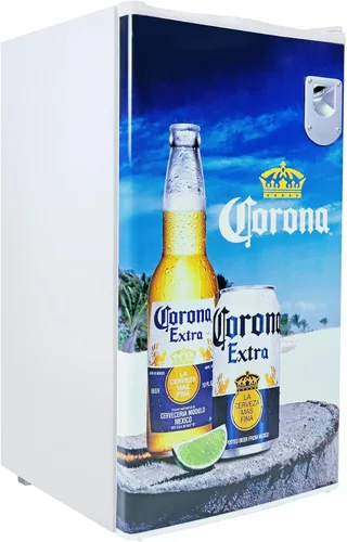 Vista 2 de Koolatron COR90 Corona - Frigorífico compacto de 3.2 pies cúbicos, 90 L, abrebotellas Licensed Corona Graphics, Built-In Bottle Opener, 3 Glass