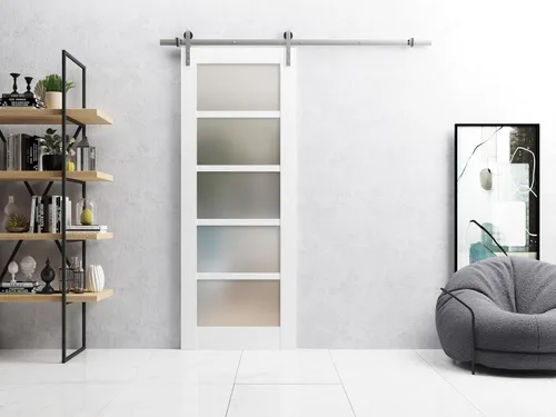 Vista 2 de SARTODOORS Puerta corredera de granero de 42 x 96 pulgadas Quadro 4002 blanco Puerta de granero individual Vidrio esmerilado MDF accesorios