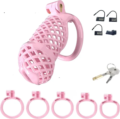 Vista 7 de Jaula de castidad masculina ligera, dispositivos de castidad de resina, juguete sexual para adultos para hombres, llave de bloqueo, anillos de 5