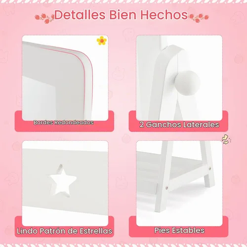 Vista 4 de Costzon Espejo de longitud completa para niños, espejo de pie de princesa con estante de almacenamiento y cesta, espejo rectangular giratorio de 360