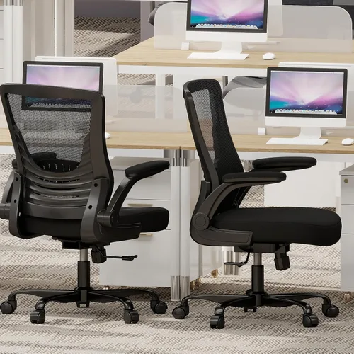 Vista 9 de Silla de oficina ergonómica, cómoda silla de escritorio de malla con reposabrazos abatibles y ruedas de rodadura suave, silla de computadora