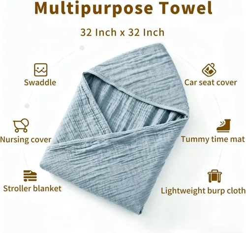 Vista 6 de Toallas de baño con capucha de muselina orgánica, paquete de 2 toallas de baño 100% algodón orgánico para bebés, bebés, niños pequeños, 32 x 32