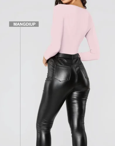 Vista 20 de MANGDIUP Body esencial para mujer, cuello redondo, manga larga, ajustado, elástico, de algodón y elastano