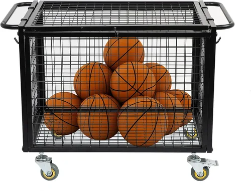 Vista 5 de Carrito de baloncesto de metal con ruedas de almacenamiento de equipo deportivo, jaula con cerradura atlética negra mate con mango elevado