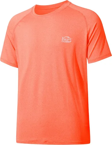 Vista 30 de Willit Camiseta de protección solar con capucha para hombre, manga corta, UPF 50+, FPS, secado rápido, resistente al agua Verde fluorescente