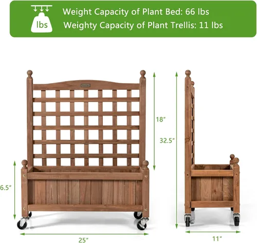 Vista 6 de Giantex Cama elevada móvil para plantas, maceta de madera con enrejado y ruedas, caja de flores para escalada de plantas, jardín vertical