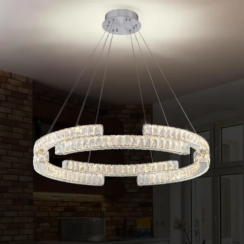 Vista 16 de D40''+D27.5''+D15.7'' Moderna lámpara de araña de oro de 3 anillos de cristal para sala de estar, luz colgante de cristal, entrada de vestíbulo Oro