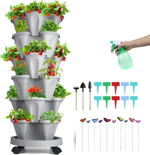 Vista 50 de GameXcel Torre de maceta vertical, macetas apilables de 3 niveles con ruedas y herramientas de jardín, macetas para plantas de fresa, hierbas