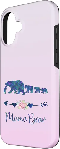 Vista 2 de Funda para iPhone 16, diseño floral de mamá oso de cuatro cachorros, color verde azulado y morado