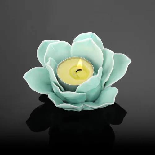 Vista 5 de OwnMy Portavelas de cerámica verde de flor de loto de 4.5 pulgadas para velas de té, portavelas de pétalo de loto para velas de té, soporte de vela