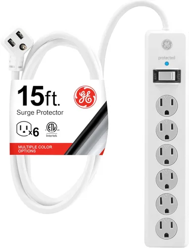 Vista 7 de GE Protector contra Sobretensiones con Regleta de Enchufes, Cable de Extensión de 4 Pies, Extensor de 6 Tomas, 800 Julios, Enchufe Plano, Cubiertas