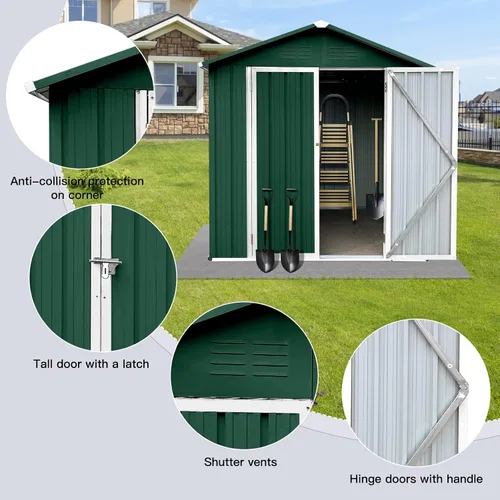 Vista 5 de Cobertizo de almacenamiento de metal para exteriores de 4 x 6 pies con techo ápice, estructura techada impermeable de una sola planta, cobertizo