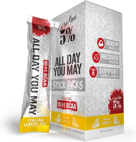 Vista 4 de 5% Nutrition Rich Piana AllDayYouMay BCAA Powder 9g de aminoácidos premium intra y post entrenamiento para hidratación, resistencia, recuperación