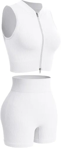 Vista 5 de Conjuntos de entrenamiento para mujer, conjuntos de 2 piezas, sin costuras, acanalados, con cremallera bidireccional, manga corta, pantalones cortos