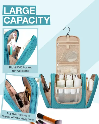 Vista 4 de BAGSMART - Estuche de viaje para cosméticos y artículos de aseo personal a prueba de agua con gancho para colgar, neceser organizador de viaje