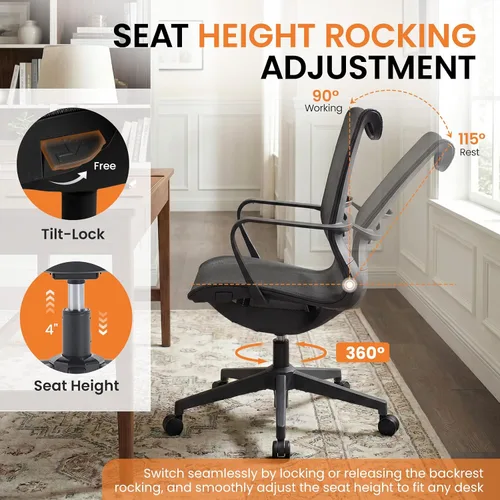 Vista 5 de LuxErgo Ergonomic Mesh Office Chair with Lumbar Support Mid Back Desk Chair Adjustable Height, 115° Recline & Armrests, 360° Swivel Rolling