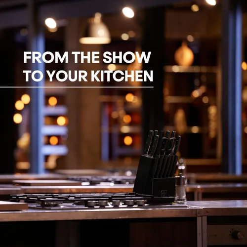 Vista 2 de Juego de cuchillos de cocina MasterChef con bloque y afilador más tijeras, juego de 15 cuchillos de chef de grado profesional con cuchillas de acero