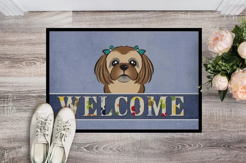 Vista 2 de Caroline's Treasures BB1435JMAT - Tapete de bienvenida Shih Tzu color marrón chocolate, 24 x 36 pulgadas, tapete azul para puerta delantera