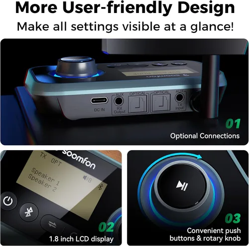 Vista 4 de SOOMFON Transmisor Bluetooth para TV 3 en 1, receptor transmisor Bluetooth 5.0 para TV a 2 auriculares con pantalla LCD volumen ajustable