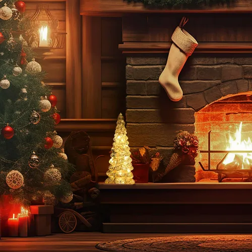 Vista 8 de Árbol de Navidad de vidrio decorativo con luz LED: 13.5" de alto, adorno de mesa de batería para las fiestas, decoración navideña de vidrio