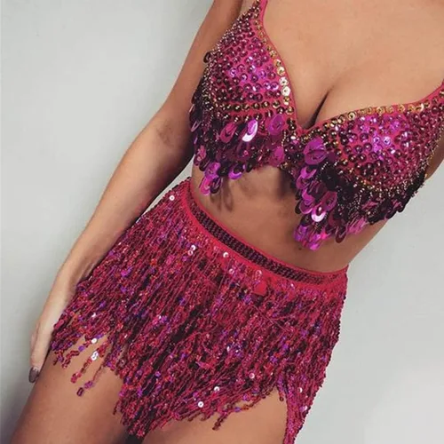Vista 3 de EARENT Faldas bohemias de lentejuelas para danza del vientre, falda de cadera con flecos, bufanda de cadera para fiestas rave para mujeres y niñas