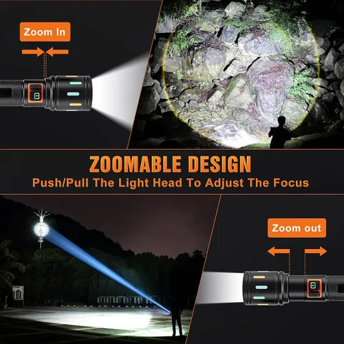 Vista 4 de Linterna táctica súper brillante, linternas LED, alta potencia, 2000 lúmenes con 3 modos de iluminación, luces de flash impermeables con zoom