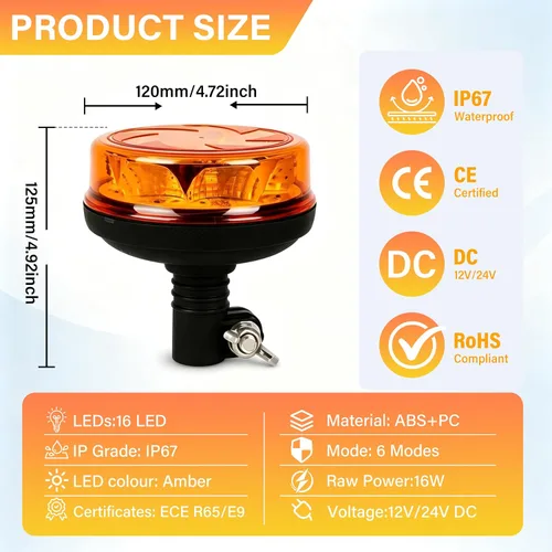 Vista 4 de Luces estroboscópicas de luz LED amarilla para camiones de 12 V 24 V, luz de baliza naranja, faro giratorio con 6 modos para coche, camión, UTV