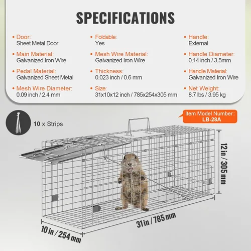 Vista 7 de VEVOR Trampa de jaula para animales vivos, 31 x 10 x 12 pulgadas, trampa para gatos humanitarios de hierro galvanizado, trampa plegable
