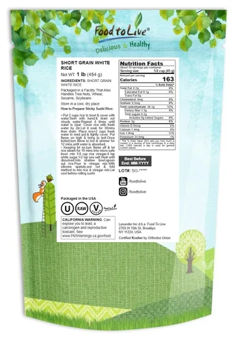 Vista 2 de Food to Live Arroz blanco de grano corto, 1 libra, estilo japonés de grano corto, perfectamente pegajoso, vegano, arroz kosher. Fácil de cocinar.