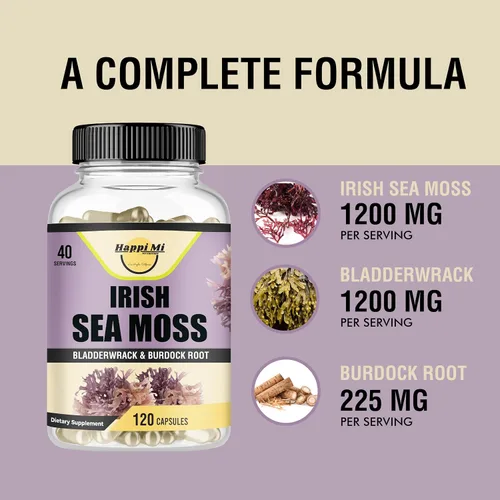 Vista 4 de Cápsulas Irish Seamoss de 2625 mg por porción, fabricadas con Seamoss orgánica, vejiga y raíz de bardana para apoyo digestivo e inmunológico